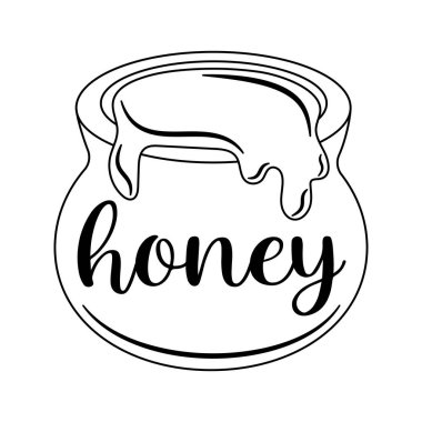 Bal kavanozu. Bal damlatan bal küpü. Siyah beyaz taslak. Tatlı ve doğal yemek çizimi. Arıcılık ve çevre dostu yaşam tarzı için geleneksel organik ürün.