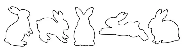 Tavşanların siyah çizgileri. Düzenlenebilir Vuruş. Paskalya tavşanı siluetleri. Farklı pozlardaki tavşan siluetleri..