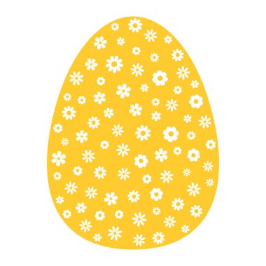 Beyaz Çiçekli Sarı Paskalya Yumurtası. Bahar Tatili Dekorasyonu, Şenlikli Dekoratif Tasarım, Sevimli Pastel Paskalya İllüstrasyonu Tebrik Kartları, baskılar