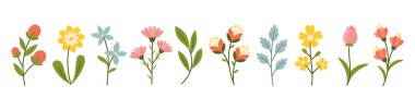 Floral Collection of Cute Hand-Drawn Wildflowers and Leaves in Pastel Colors for Spring, Easterand and Summer Decorations and Greeting Cards clipart