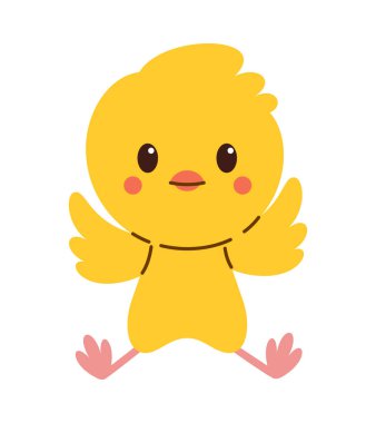 Mutlu Paskalya piliçleri. Neşeli İfadesi, Yayılmış Kanatları ve Kızarık Yanaklı Şirin Sarı Yavru Kuş. Bahar tatili için mükemmel, Paskalya tebrik kartları, kutlama dekorasyonları.