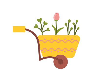 Bir Bahçe Arabasının Bahar Dekoratif İllüstrasyonu Çiçek açan filizler ve Minimalist Tarzında bir lale.