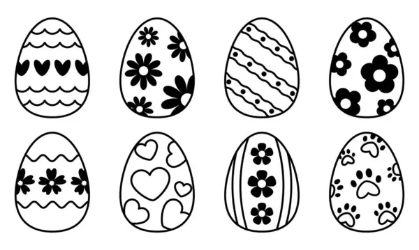 Dekoratif desenli siyah paskalya yumurtaları, kalpler, çiçekler, hayvan ayakları ve dalgalı çizgiler. Paskalya yumurtası boyama seti. Düzenlenebilir Vuruş. Çocuklar için Eğlenceli Tatil Etkinliği