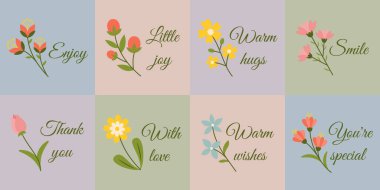 Çiçek Kutlama Kartı Tasarımları ve İlham verici Mesajlar. Zarif El Çizimi Çiçekler ve Kartpostallar, Davetiyeler ve Parmak İzleri için Kaligrafi Metni