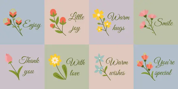Çiçek Kutlama Kartı Tasarımları ve İlham verici Mesajlar. Zarif El Çizimi Çiçekler ve Kartpostallar, Davetiyeler ve Parmak İzleri için Kaligrafi Metni