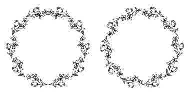 Laleli el çizimi çiçek çelengi ve zarif çizgili küçük çiçekler bahar, paskalya, bayanların günü, düğün davetiyeleri ve düzenlenebilir metin alanlı tebrik kartları.