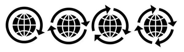 Dairesel okları olan dört siyah küre simgesi, küresel bağlantıyı, senkronizasyonu, interneti ve dünya çapında güncellemeleri sembolize ediyor. Ağ, teknoloji ve küreselleşme temaları için mükemmel