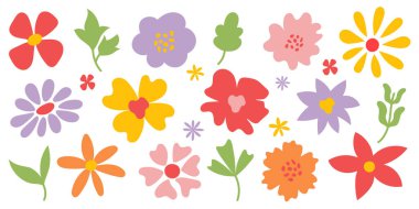 El yapımı çiçekler. Tatlı bahar çiçekleri. Modern düz bir şekilde elle çizilmiş çiçek koleksiyonu. Parlak, soyut çiçekler ve yapraklar. Parmak izi, kumaş ve tasarımlar için dekoratif botanik elementler.