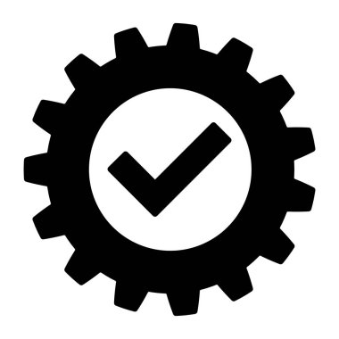 Siyah dişli işaretli simge. Kalite kontrol, sistem optimizasyonu, onay ve ayarlar konsepti. Sanayi ve teknik doğrulama sembolü.