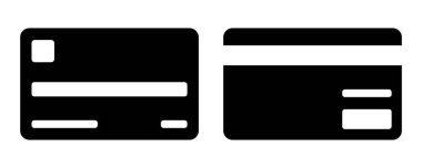 Siyah kredi kartı ikonu. Basit bankacılık ve ödeme sembolü. Mali işlemler, çevrimiçi alışveriş ve temassız ödemeler için bir banka kartının ön ve arka görüntüsü.