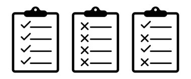 Tamamlanmış, başarısız olmuş ve karışık görev listelerini temsil eden kontrol işaretleri ve haçlara sahip üç pano simgesi, üretkenlik, planlama ve görev yönetimi kavramları için basit siyah özet sembolleri.