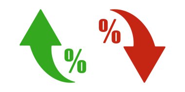 Yüzdelik sembollü yukarı ve aşağı ok simgeleri. Finans, satış, indirim, büyüme, düşüş, istatistik veya yatırım bilgi ve raporlama tasarımı için yeşil ve kırmızı aşağı yönlü göstergeler.