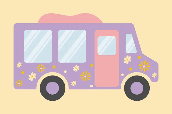 Seyahat kamyonu. Çiçekli sevimli renkli eski moda hippi minibüs çizimi. Pastel karavan otobüsü çocukların tasarımları, seyahat posterleri, yaz kartları ve eğlenceli bohem projeleri için mükemmel.