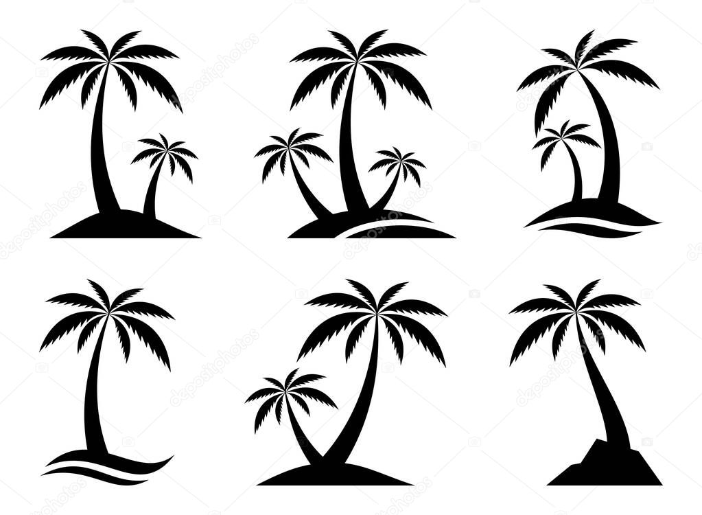 Tropical palm tree silhouettes set. Summer beach vacation symbol, exotic travel concept. Black palm trees collection