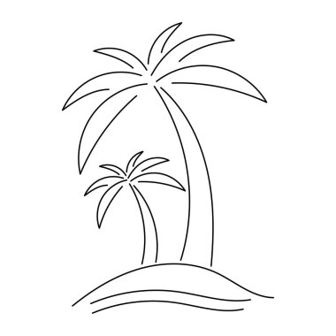 Palmiye ağaçları sanat eseri. Tropik plaj taslak çizimi. Egzotik yaz adası çizimi. Seyahat tasarımları ve yaz dekorasyonu projeleri için basit bir tatil cenneti sembolü