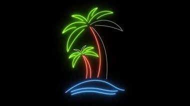 Neon Palm Tree animasyonu. Kara Arkaplanda Palmiye Ağaçları ve Okyanus Dalgaları ile Parlayan Tropikal Ada. Yaz Tatili Gece Tabelası. Retro Beach Işık Tasarımı. Seyahat ve Tatil Sembol Döngüsü.