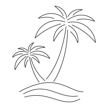 Tropikal Ada 'da Palm Trees Line Art. Hindistan Cevizi Ağaçları ve Dalgalarının Asgari Siyah Taslak Çizimi. Posterler, Eko Yazı İzleri, Renk Kitapları, Seyahat Tasarımı İçin Basit Yaz Tatili Grafiği.