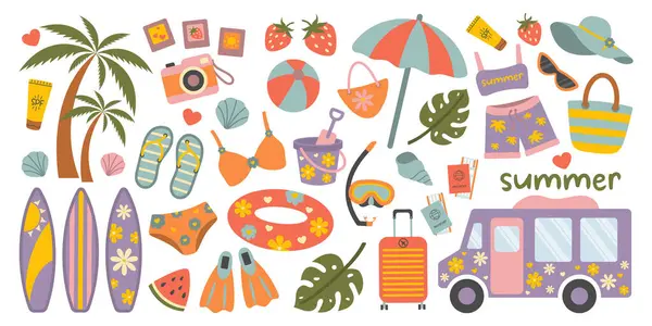 Yaz seti. Renkli Yaz Sahil Elementleri Koleksiyonu. Tatil Simgeli Düz Zirve: Sörf tahtaları, Palmiye Ağaçları, Yüzme, Fruits, Aksesuarlar ve Tatil Tasarım ve Dekorasyon İçin Seyahat Ögeleri.