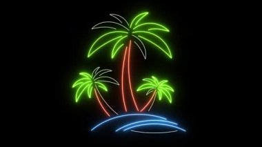 Neon Parlayan Palmiye Ağaçları Animasyonu. Retro Style 'da canlı ışıkları olan tropik bir ada. Summer Vibes için Döngü Videosu, Parti Geçmişi, Tatil Temaları veya Gece kulübü Dekorasyonu Konseptleri.