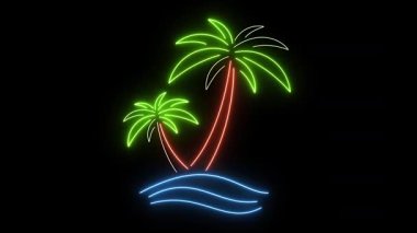 Neon Palm Tree Adası Animasyonu. Siyah Arkaplanda Parlayan Tropikal Plaj Işıkları. Retro Döngü Yaz, Tatil, Gece Kulübü, Seyahat ya da Serinleme Titreşimleri İçin Döngü Tasarımı.