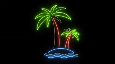 Neon Tropikal Ada Animasyonu. Parlayan Palmiye Ağaçları ve Okyanus Dalgaları. Retro Summer Vibe döngüsü. Tatil, Gece Kulübü, Seyahat, Plaj Partisi ya da Serin Ruh Hali Tasarımı için mükemmel..