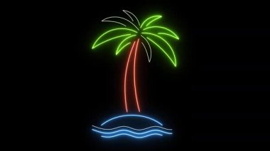 Neon palmiye ağacı animasyonu. Siyah zemin üzerinde palmiye ve okyanus dalgaları olan parlayan tropikal bir ada. Tatil, sahil partisi, seyahat ya da gece hayatı projeleri için geçmişe dönük yaz atmosferi. Döngü hareketi tasarımı.
