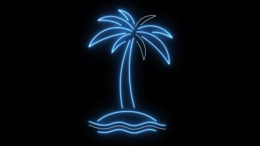 Neon palmiye ağacı animasyonu. Siyah zemin üzerinde mavi, yeşil ve kırmızı renkte palmiye ve okyanus dalgaları olan parlayan tropikal bir ada. Tatil, sahil partisi, seyahat ya da gece hayatı projeleri için geçmişe dönük yaz atmosferi.