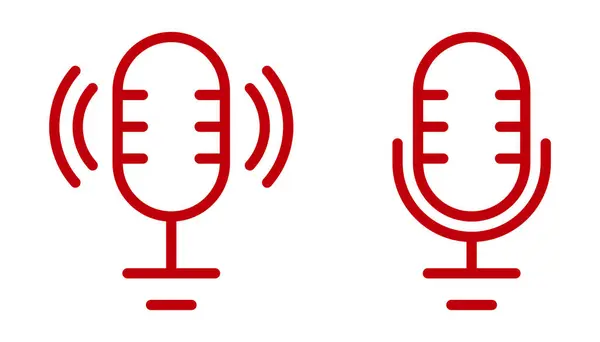 Kırmızı mikrofon hattı simgeleri. Düzenlenebilir Vuruş. Podcast, ses kaydı, ses girişi, mikrofon açık, kapalı. Uygulamalar için minimal modern tasarım, web UI, medya düğmeleri, stüdyo, yayın, yayın