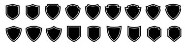Güvenlik kalkanı simgeleri. Koruma, gizlilik, antivirüs, güvenlik duvarı, savunma sistemleri, siber güvenlik ve askeri simgeler için siyah amblem şablonları koleksiyonu. Güvenli damgalama için vektör şekilleri.