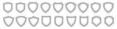 Boş kalkan taslak simgeleri seti. Logo, etiket veya güvenlik sembolü tasarımı için düzenlenebilir hanedan rozet şekilleri, siyah doğrusal amblemler, çerçeve veya arma şablonu koleksiyonu.