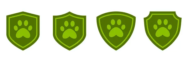 Yeşil patili kalkan simgeleri ayarlandı. Hayvan koruma rozetlerinin toplanması. Hayvan güvenliği, veteriner güvenliği, kurtarma hizmetleri ve hayvan bakım sembolleri..