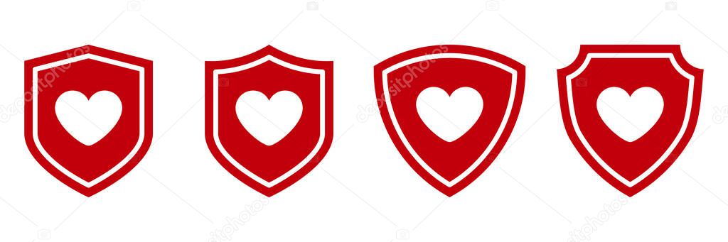 Heart shield icon set. Red security emblem with white heart symbol. Flat vector protection badge with love shape. Safety and care metaphor design for health, insurance, and charity branding.