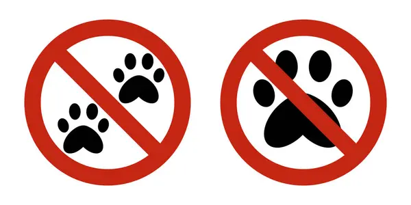 Evcil hayvan setine izin yok. Kırmızı çemberde yasaklanmış pençe izi sembolleri. Yasak alanlar, kamusal alanlar, hayvansız alanlar veya hayvan kontrol uyarıları için vektör düz uyarı işaretleri.