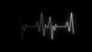 Beyaz parıldayan kardiyogram animasyonu. Siyah arka planda nabız dalgalanması. Tıbbi EKG hareketi, kusursuz döngü. Bilim, acil durum ya da teknoloji projeleri için fütürist kalp atış hızı sinyali.