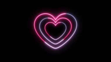 Nabız atan neon kalp animasyonu. Parlayan pembe ve mor kalp şekilleri siyah arkaplanda atıyor. Sevgililer Günü için romantik LED ışık döngüsü, aşk kavramları veya dijital tasarım projeleri.