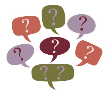 Soru işaretli renkli konuşma baloncukları. Merak, SSS, iletişim ve çizgi film tarzında kafa karışıklığı. Yardım merkezi, forumlar veya eğitim tasarımı için vektör illüstrasyonu.