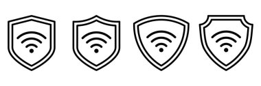 Wi-Fi Sinyal Koruma Simgeleri. Siyah Hat Kalkanı Güvenli İnternet Erişimi ve Siber Güvenlik Resimleri için ayarlandı. Teknoloji Güvenliği ve Gizlilik Konseptleri için Kablosuz Ağ Sembolleri