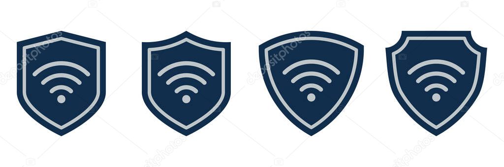 Wi-Fi Protection Shield Icons Set. Secure Wireless Internet Symbols in Blue Badges. Digital Privacy and Network Safety Design Elements for Cybersecurity Illustrations and Online Technology