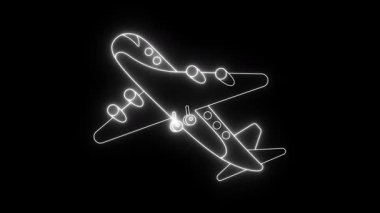 Parlayan Uçak Neon animasyonu. Flüoresan 'da Uçan Uçak Simgesi Karanlık Arkaplanda Beyaz Işık, Havacılık Seyahat Konsepti, Jet Ulaşım Sembolü, Modern Uçuş Teknolojisi Kullanıcı Arayüzü