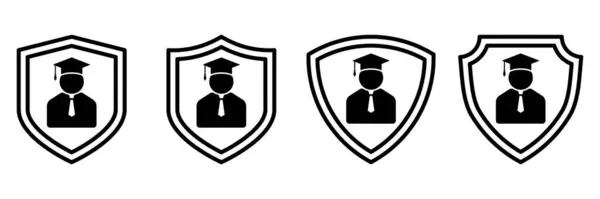 Mezuniyet Güvenlik Kalkanı Simgesi Ayarlandı. Eğitimde Öğrenci Güvenliğinin Akademik Koruma Sembolü, Rozet Öğrenim, Okul, Bilgi, Çevrimiçi Eğitim Konseptlerinde Siluet Mezuniyet Belgesi