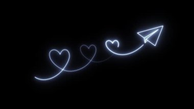 Kalp İzi Animasyonlu Neon Kağıt Uçak. Parlayan Aşk Yolu, Sevgililer Günü için Romantik Işık Çizimi, Seyahat, Randevu Uygulaması, Sosyal Medya, Mesaj veya Aşk Mektubu Konsepti