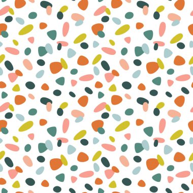 Renkli Organik Şekillere sahip kusursuz tropikal Terrazzo Deseni, Yaz Dekoru ve Tekstil Projeleri için Doğa 'dan esinlenilmiş Modern Egzotik Soyut Tasarım