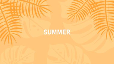 Palmiye yaprakları silueti ve kalın metinlerle asgari tropikal yaz arkaplanı. Mevsimlik afişler, seyahat reklamları, davetiyeler, posterler veya dijital kampanyalar için parlak turuncu vektör tasarımı.