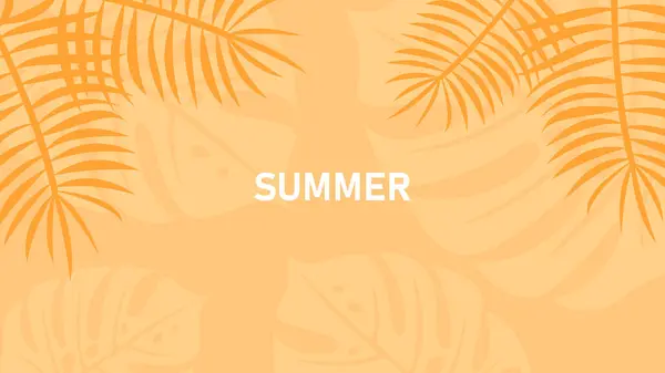 Palmiye yaprakları silueti ve kalın metinlerle asgari tropikal yaz arkaplanı. Mevsimlik afişler, seyahat reklamları, davetiyeler, posterler veya dijital kampanyalar için parlak turuncu vektör tasarımı.