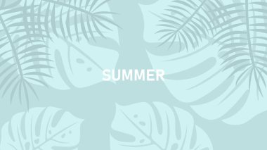 Palm ve Monstera Leaves in Soft Blue Shades ile Tropik Yaz Titreşimleri Arkaplanı. Sezonluk Seyahat Posterleri, Yaz Partileri ve Davetiyeler Tasarımı