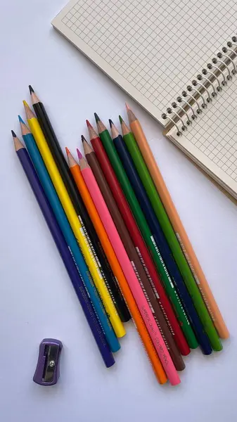 Beyaz arka planda sivri uçlu ve sarmal defterli renkli kalemler. Sanat, okul ya da ofis kullanımı için yaratıcı çalışma alanı. Eğitim ve kırtasiye temaları için en iyi görünüm fotoğrafı.