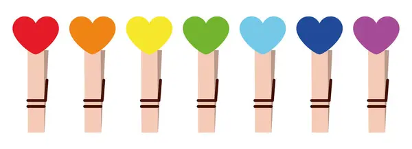 Gökkuşağı Düzeni 'ndeki Renkli Kalp Mandalları Beyaz Arkaplan' da izole edildi. Aşk, Sevgililer Günü, DIY Dekorasyonu, Kart ve El Sanatları İçin Şirin Tahta Pençeler