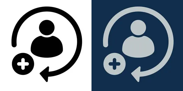 Düz Tasarım Biçiminde Yeni Kullanıcı Simgesi Ekle. Sembol ve Artı İşaretli Dairesel Ok. Kayıt, Üyelik, Profil Oluşturma Konsepti. Siyah ve Mavi Sürümlerinde Vektör Ayarları.