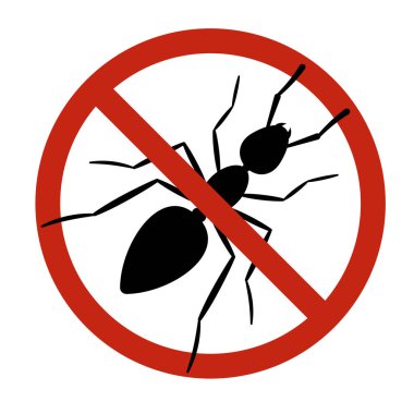 Karınca işareti yok. Böcek yasağı sembolü haşere kontrolü, uyarı veya kimyasal ürün tasarımı için. Kırmızı daire siyah karınca siluetinin üstünü çizdi