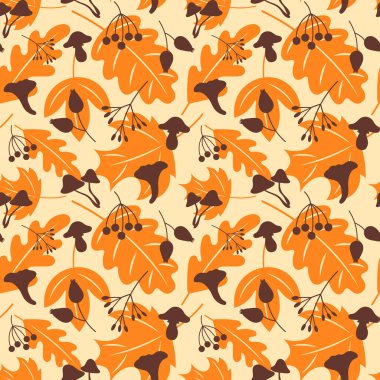 Portakal yapraklı, mantarlı ve dutlu kusursuz sonbahar deseni. El çizimi botanik geçmişi. Kumaş, Ambalaj Kağıdı veya Mevsimsel Dekorasyon İçin Kırsal Doğa Tasarımı.